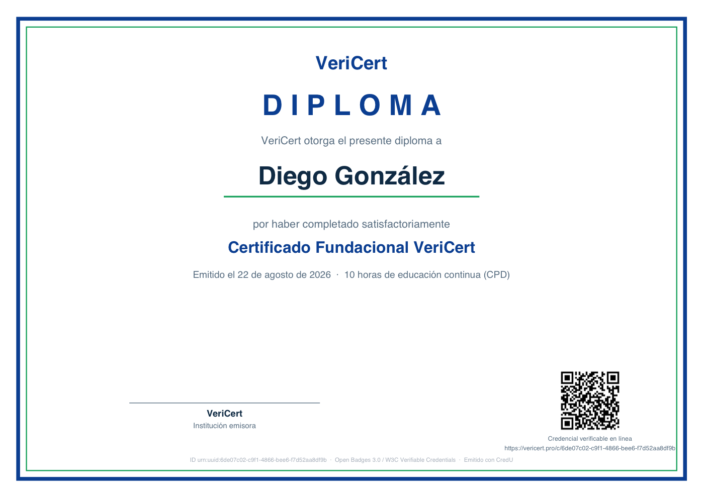 Diploma PDF real generado por VeriCert con QR de verificación